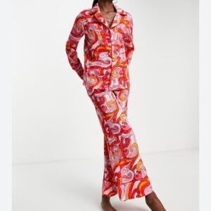 Never Fully Dressed Pink and Orange Swirl Print Satin Pajamas Set Small